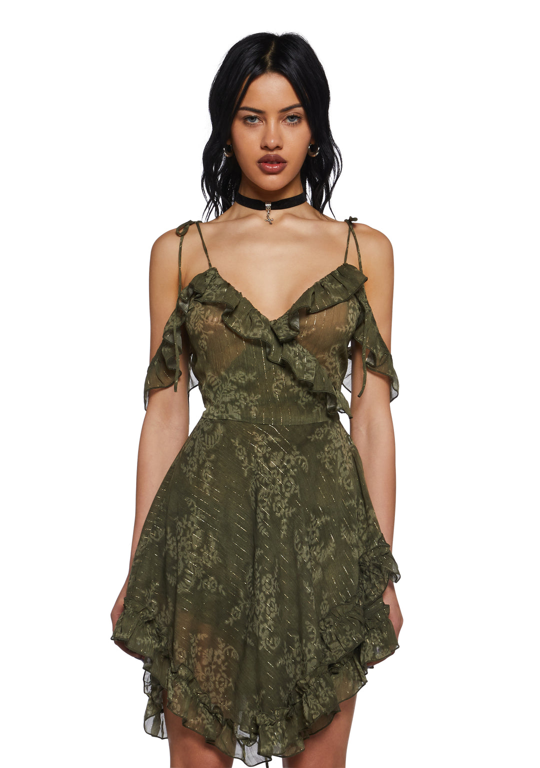 Womens Sheer Floral Chiffon Ruffled Wrap Dress Current Mood - Green