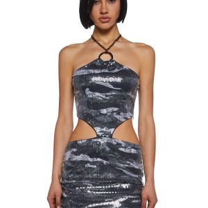 Womens Camo Print Sequin Cut Out Mini Dress Current Mood - Multi