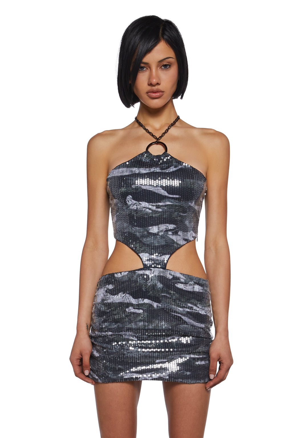 Womens Camo Print Sequin Cut Out Mini Dress Current Mood - Multi