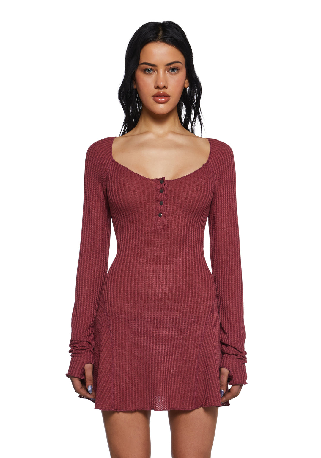 Womens Waffle Knit Mini Dress Current Mood - Brown