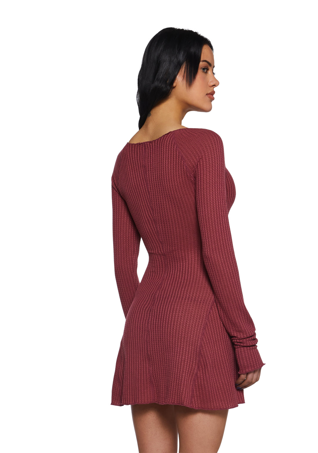 Womens Waffle Knit Mini Dress Current Mood - Brown - Image 4