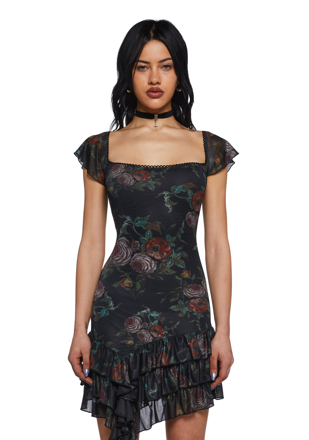 Womens Floral Ruffled Rayon Mini Dress Current Mood - Multi