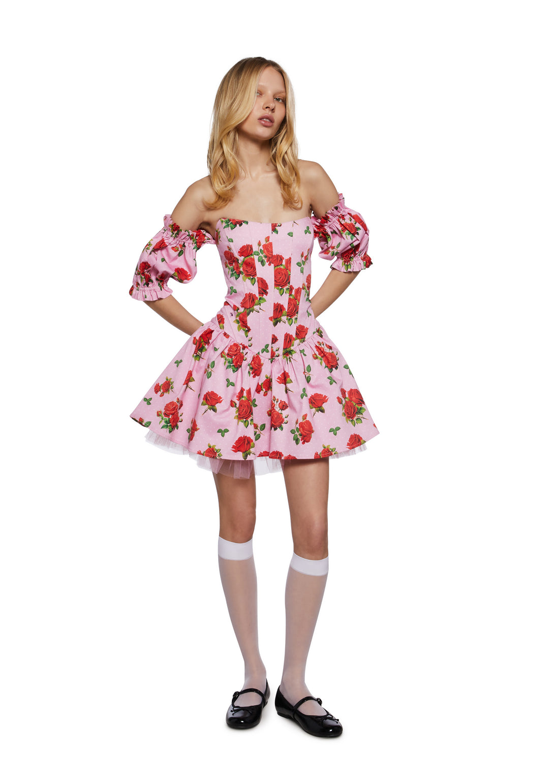 Womens Sexy Vday Rose Print Corset Mini Dress With Tulle Hem Sugar Thrillz - Pink - Image 2