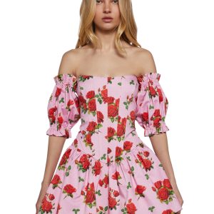 Womens Sexy Vday Rose Print Corset Mini Dress With Tulle Hem Sugar Thrillz - Pink