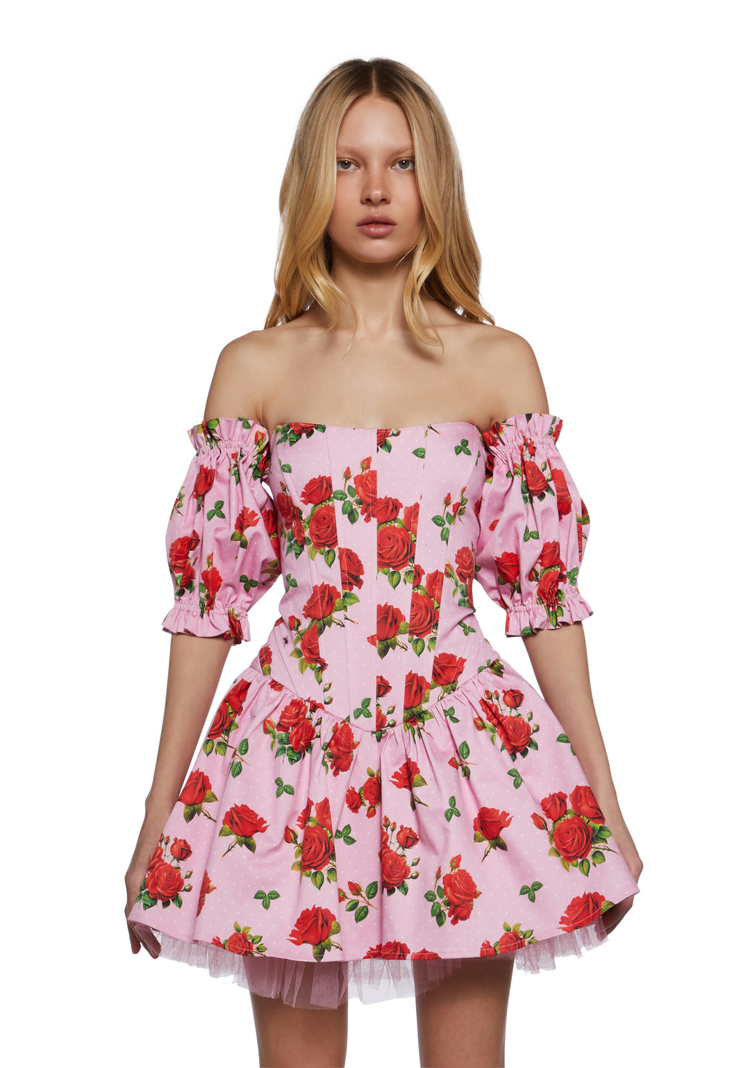 Womens Sexy Vday Rose Print Corset Mini Dress With Tulle Hem Sugar Thrillz - Pink