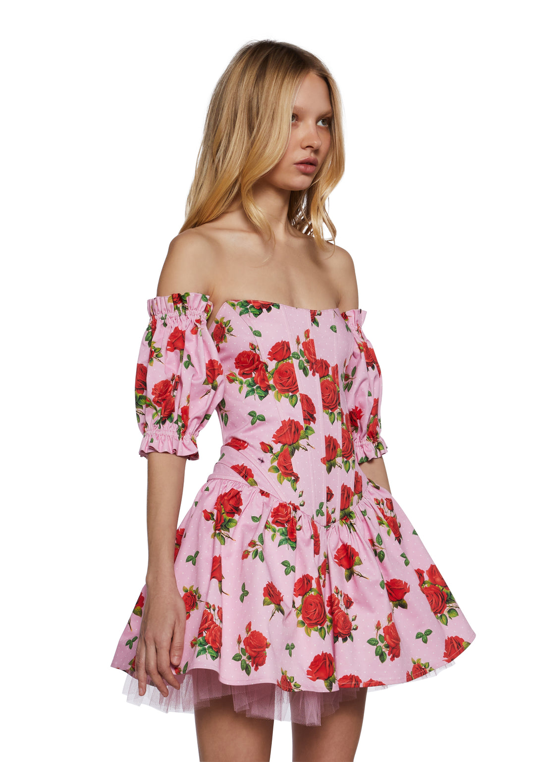 Womens Sexy Vday Rose Print Corset Mini Dress With Tulle Hem Sugar Thrillz - Pink - Image 3