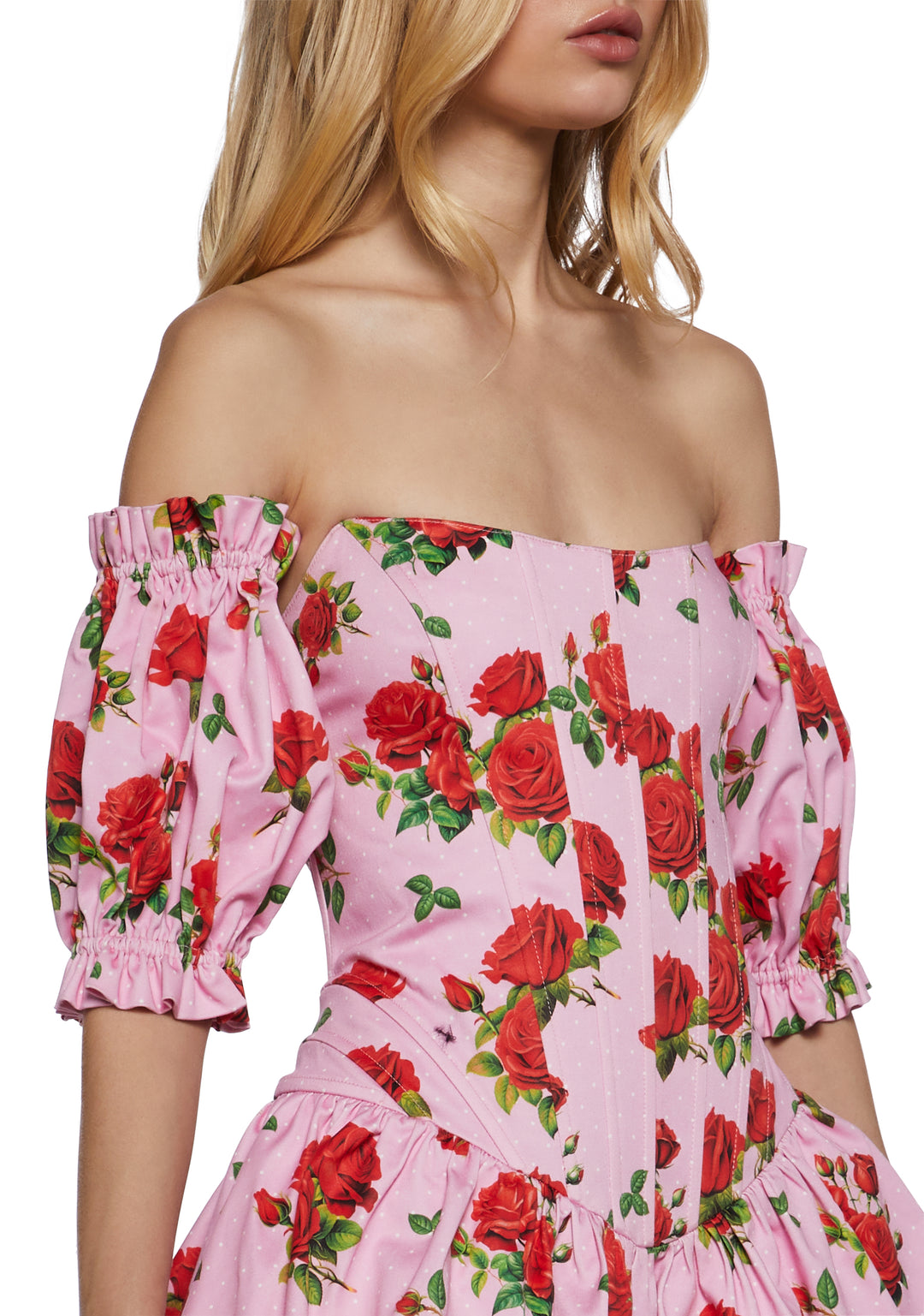 Womens Sexy Vday Rose Print Corset Mini Dress With Tulle Hem Sugar Thrillz - Pink - Image 5