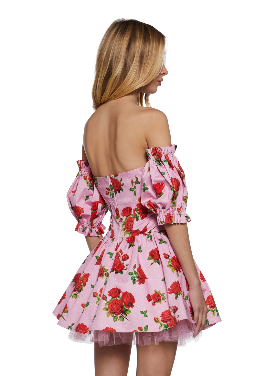 Womens Sexy Vday Rose Print Corset Mini Dress With Tulle Hem Sugar Thrillz - Pink - Image 4