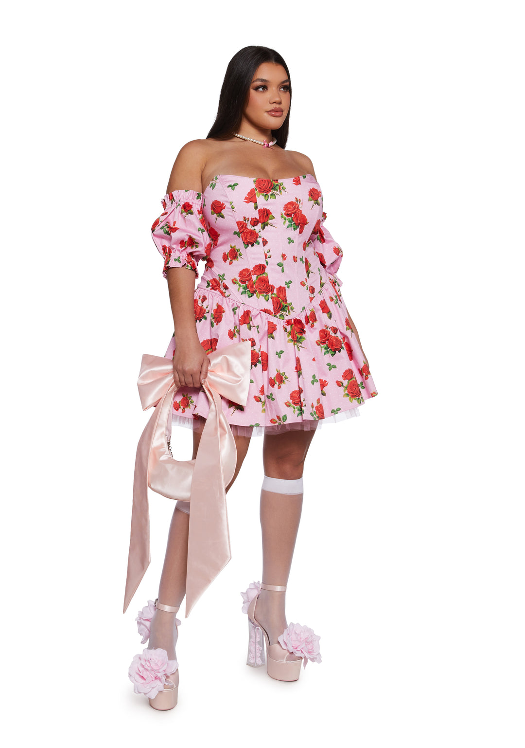 Womens Sexy Vday Rose Print Corset Mini Dress With Tulle Hem Sugar Thrillz - Pink - Image 10