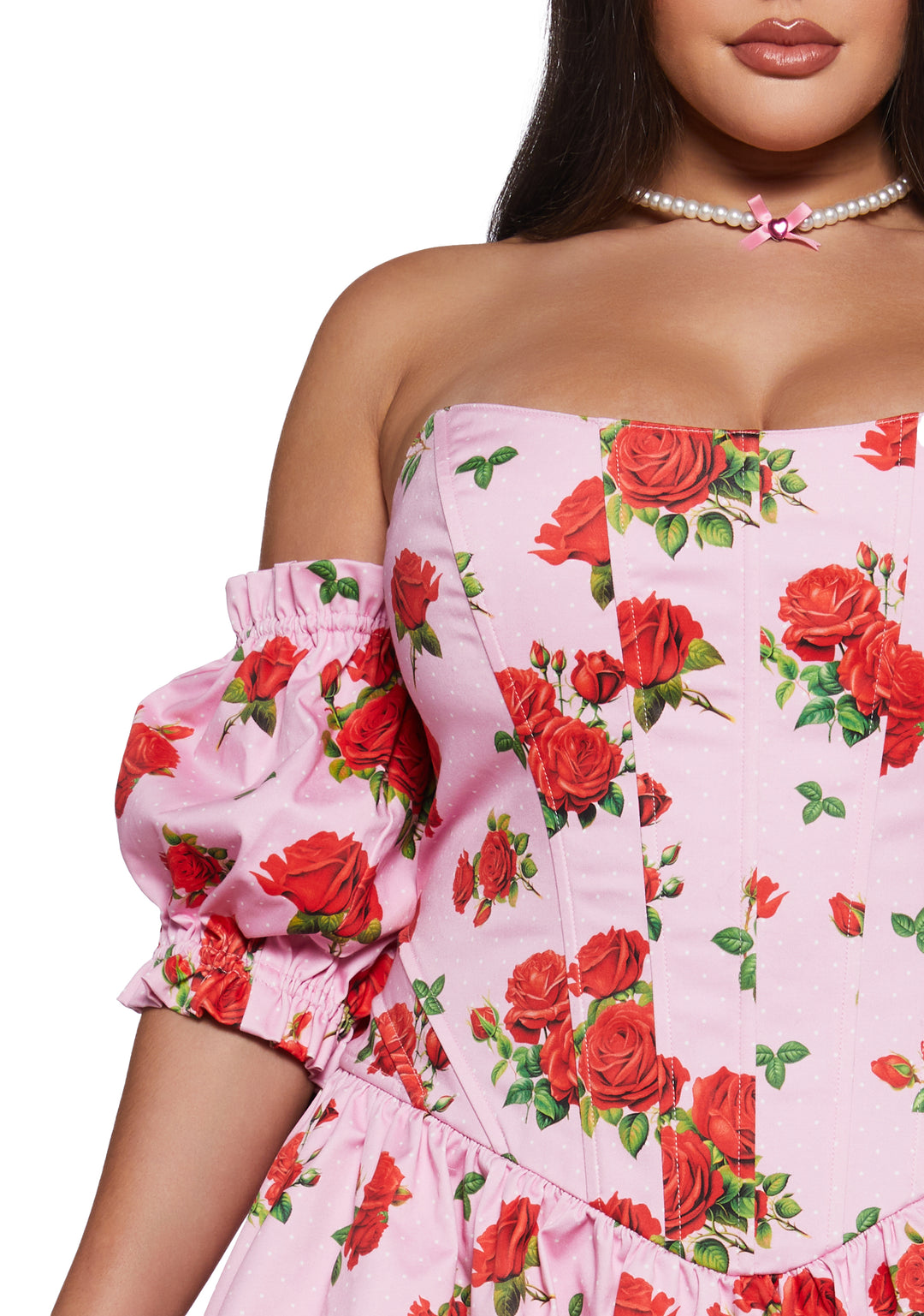 Womens Sexy Vday Rose Print Corset Mini Dress With Tulle Hem Sugar Thrillz - Pink - Image 9