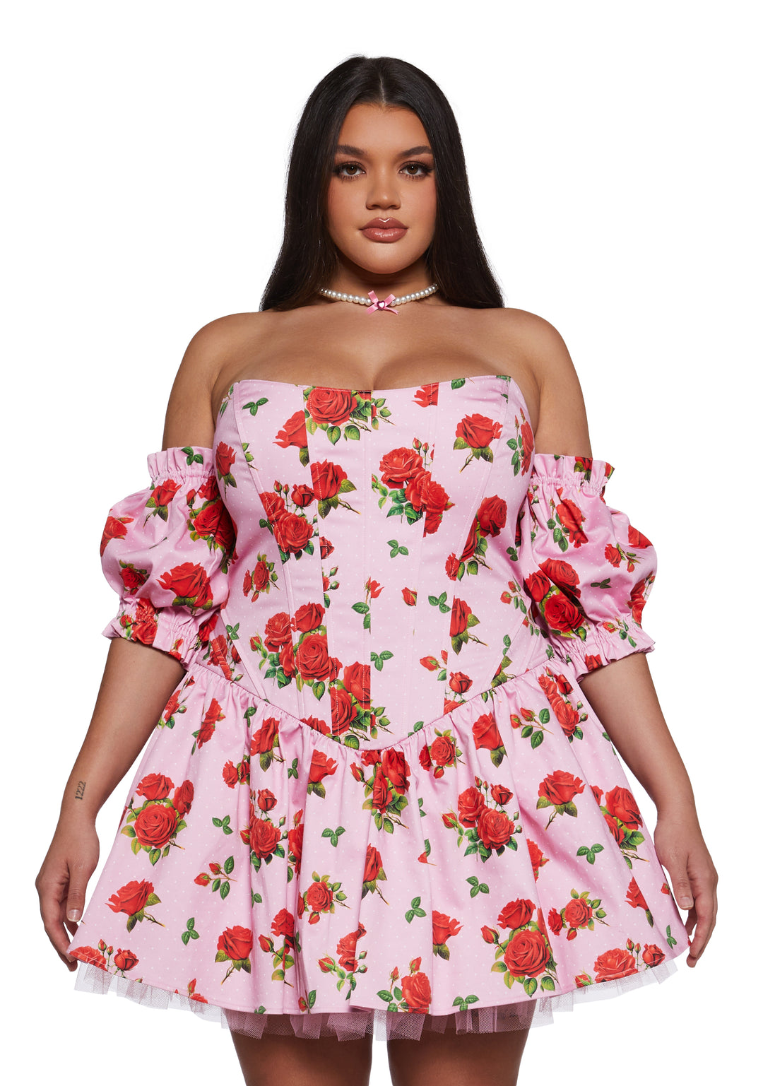 Womens Sexy Vday Rose Print Corset Mini Dress With Tulle Hem Sugar Thrillz - Pink - Image 6