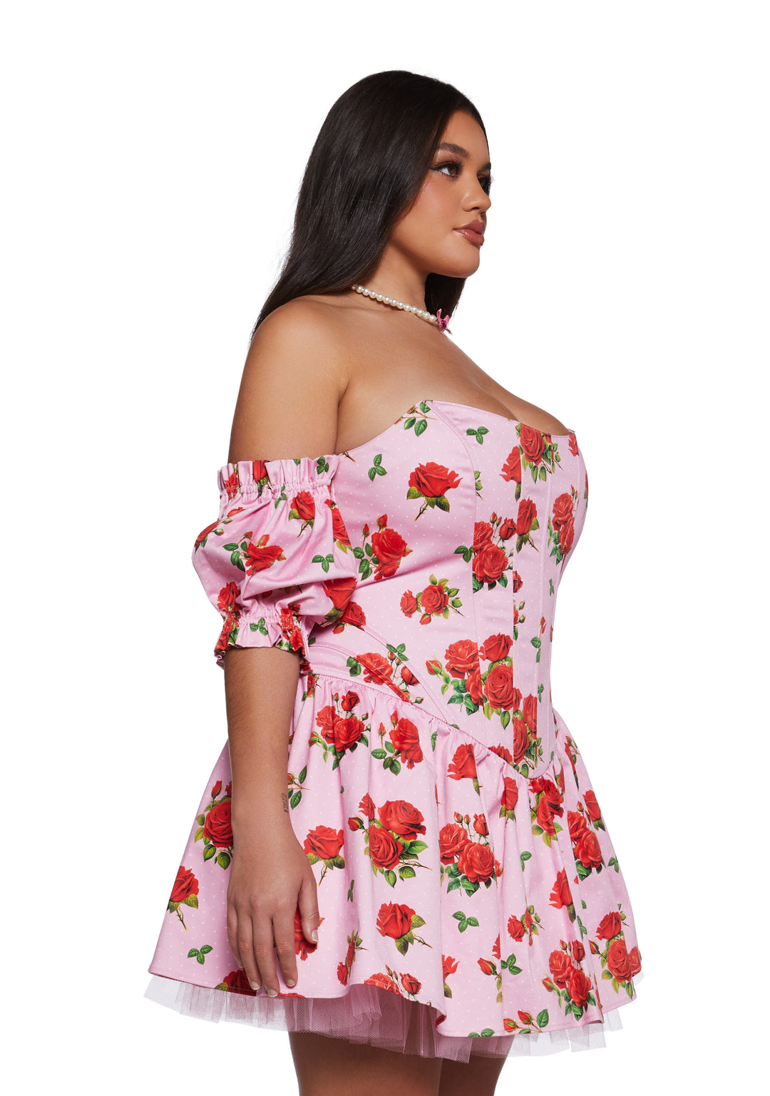 Womens Sexy Vday Rose Print Corset Mini Dress With Tulle Hem Sugar Thrillz - Pink - Image 7