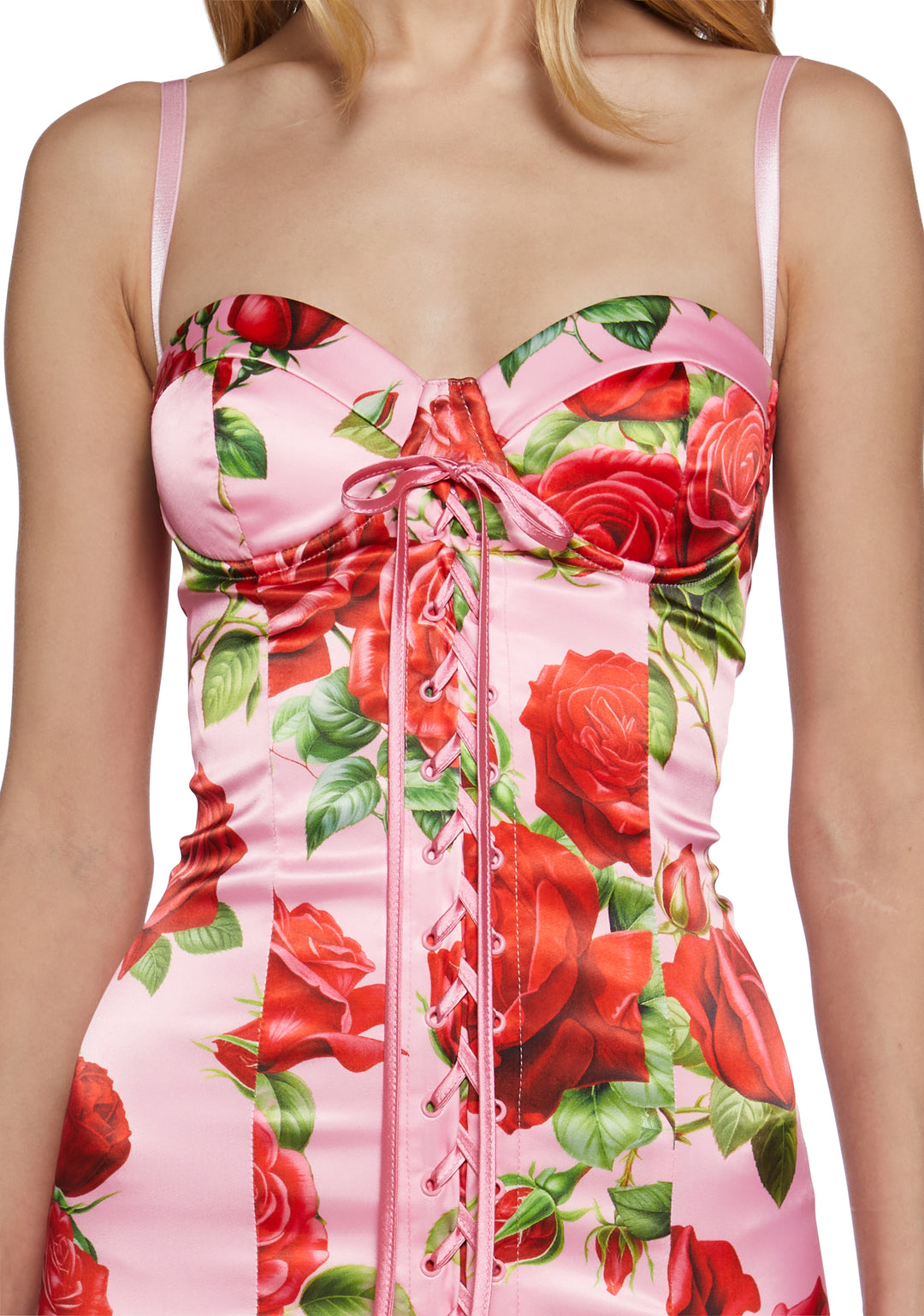 Floral Print Satin Midi Dress With Lace Ups Italian Night Out Sugar Thrillz - Pink - Image 5