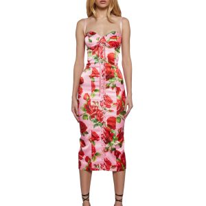 Floral Print Satin Midi Dress With Lace Ups Italian Night Out Sugar Thrillz - Pink