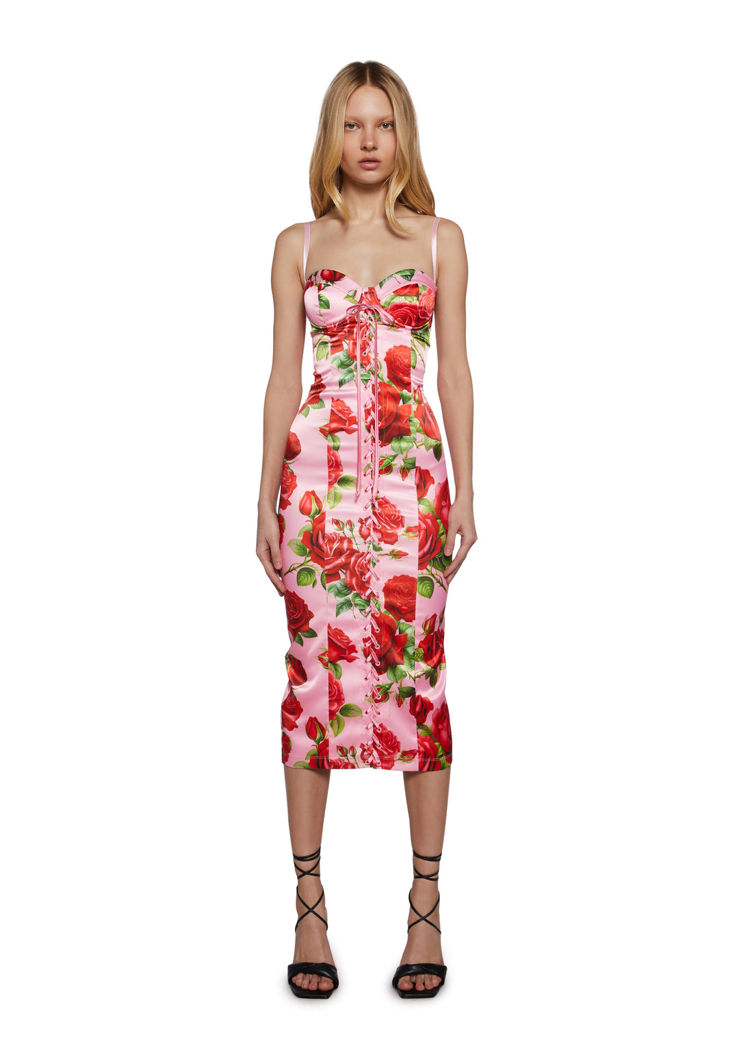 Floral Print Satin Midi Dress With Lace Ups Italian Night Out Sugar Thrillz - Pink