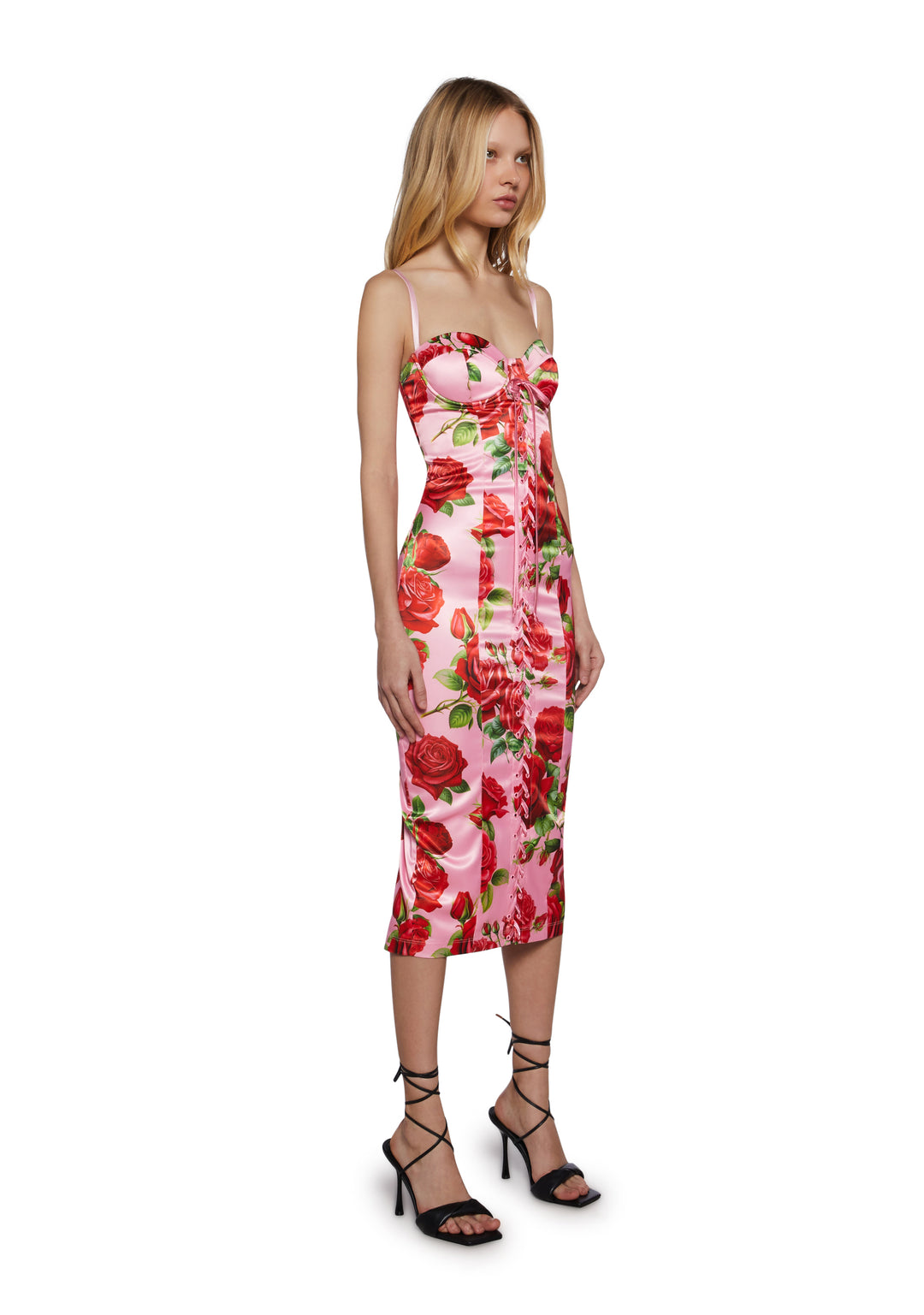 Floral Print Satin Midi Dress With Lace Ups Italian Night Out Sugar Thrillz - Pink - Image 3