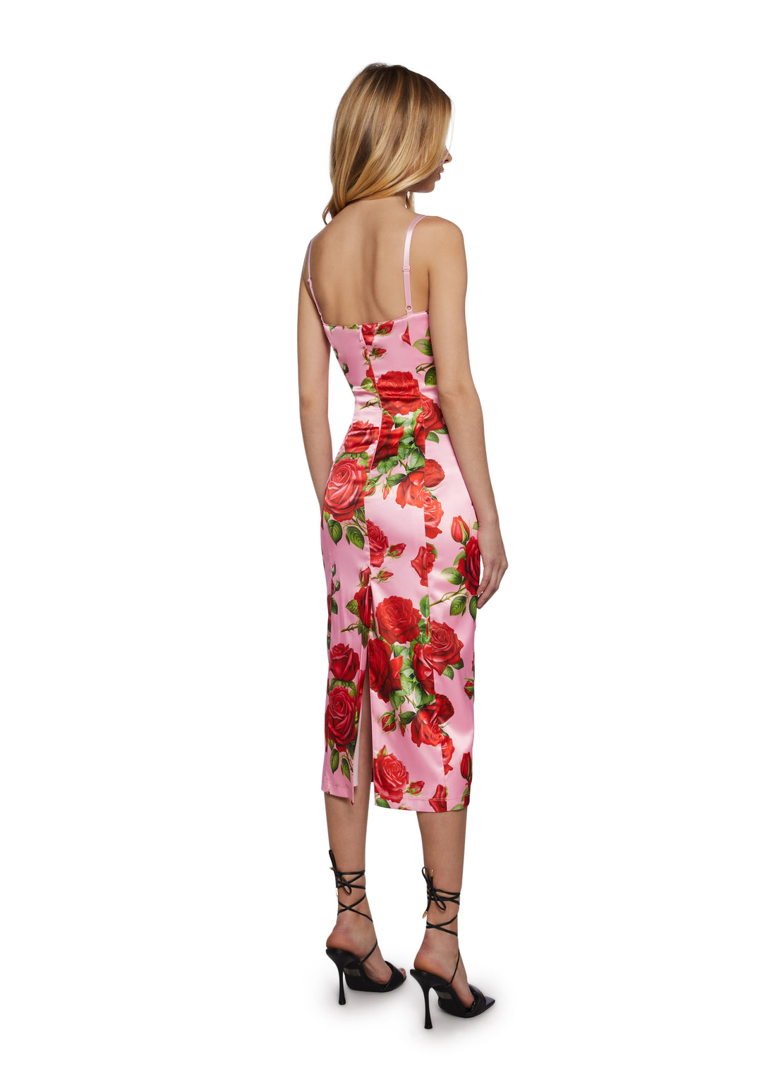 Floral Print Satin Midi Dress With Lace Ups Italian Night Out Sugar Thrillz - Pink - Image 4
