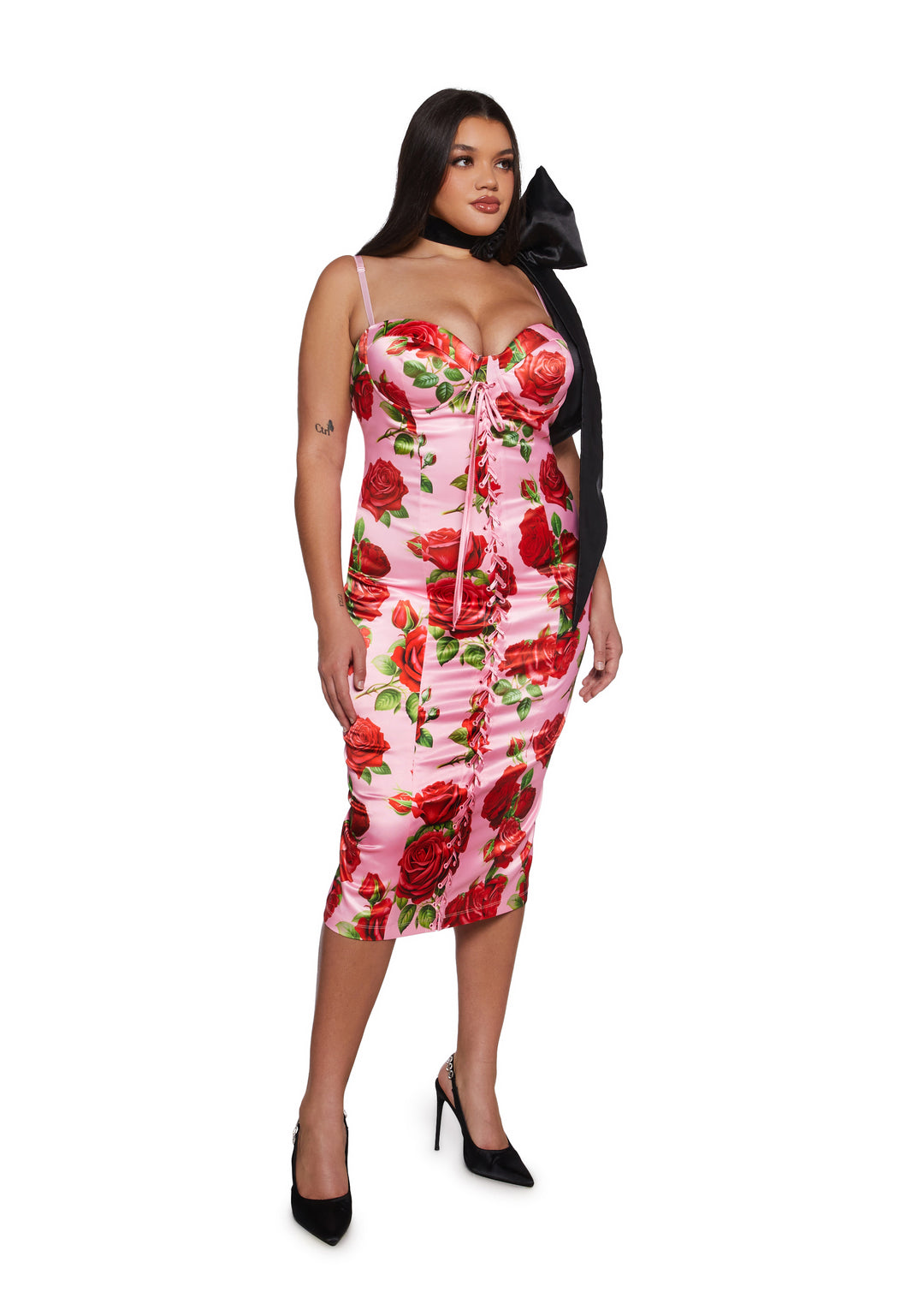 Floral Print Satin Midi Dress With Lace Ups Italian Night Out Sugar Thrillz - Pink - Image 10