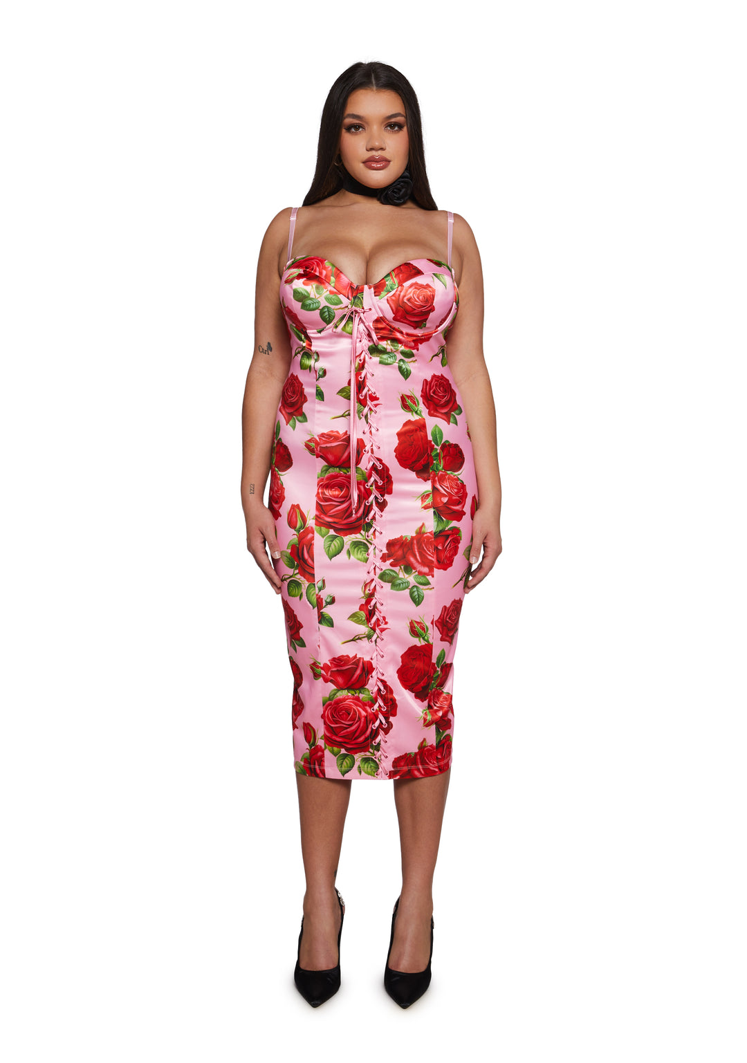 Floral Print Satin Midi Dress With Lace Ups Italian Night Out Sugar Thrillz - Pink - Image 6