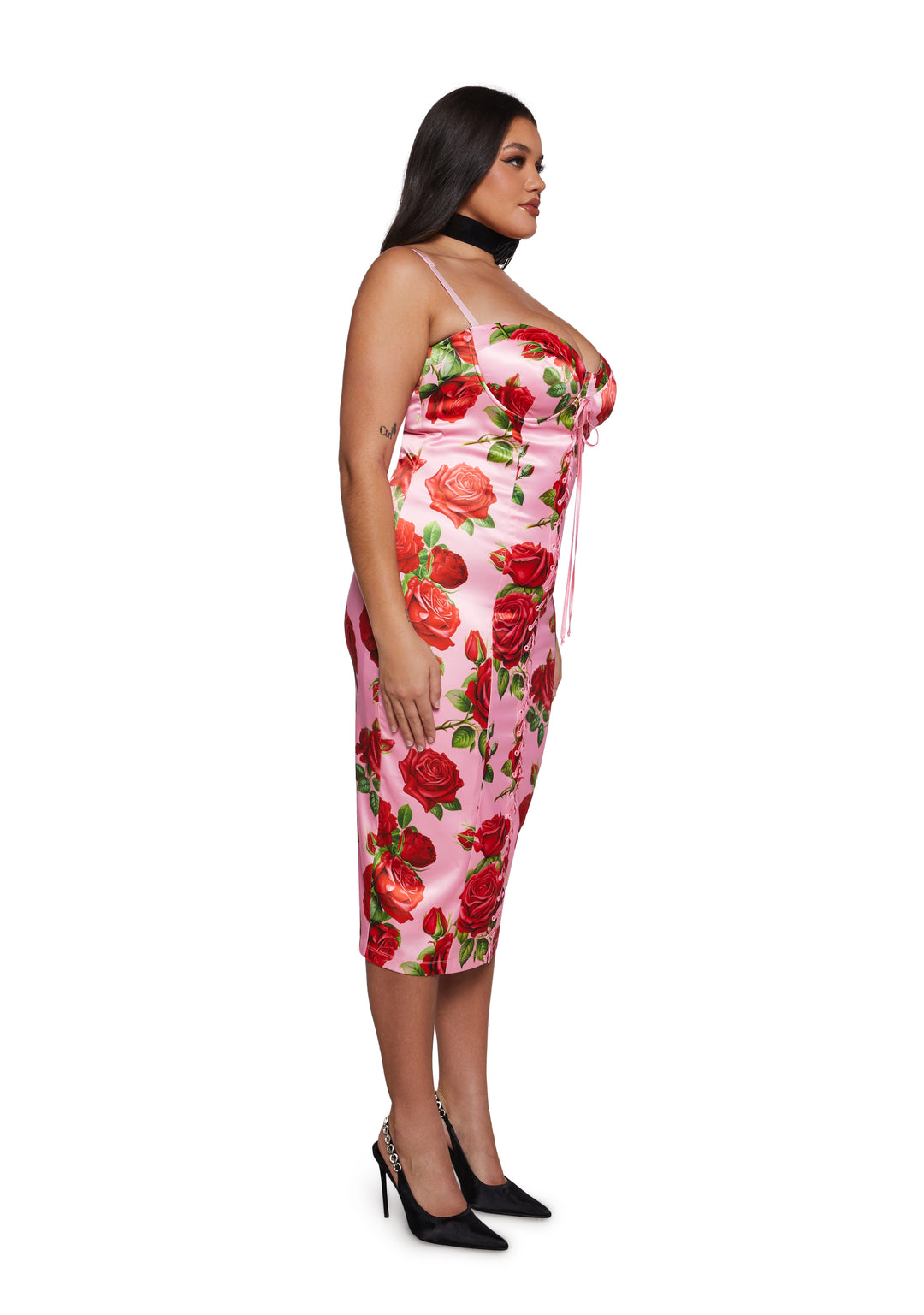 Floral Print Satin Midi Dress With Lace Ups Italian Night Out Sugar Thrillz - Pink - Image 8