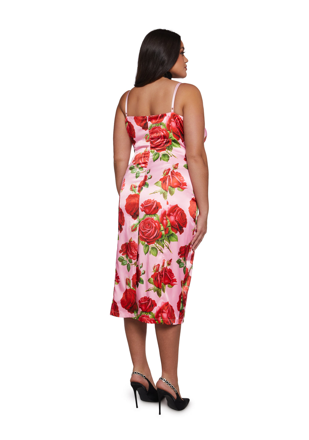 Floral Print Satin Midi Dress With Lace Ups Italian Night Out Sugar Thrillz - Pink - Image 9