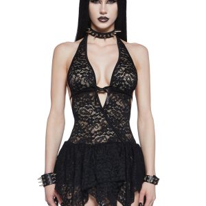 Stretchy Floral Lace Tiered Handkerchief Hem Halter Bodycon Dress Widow - Black