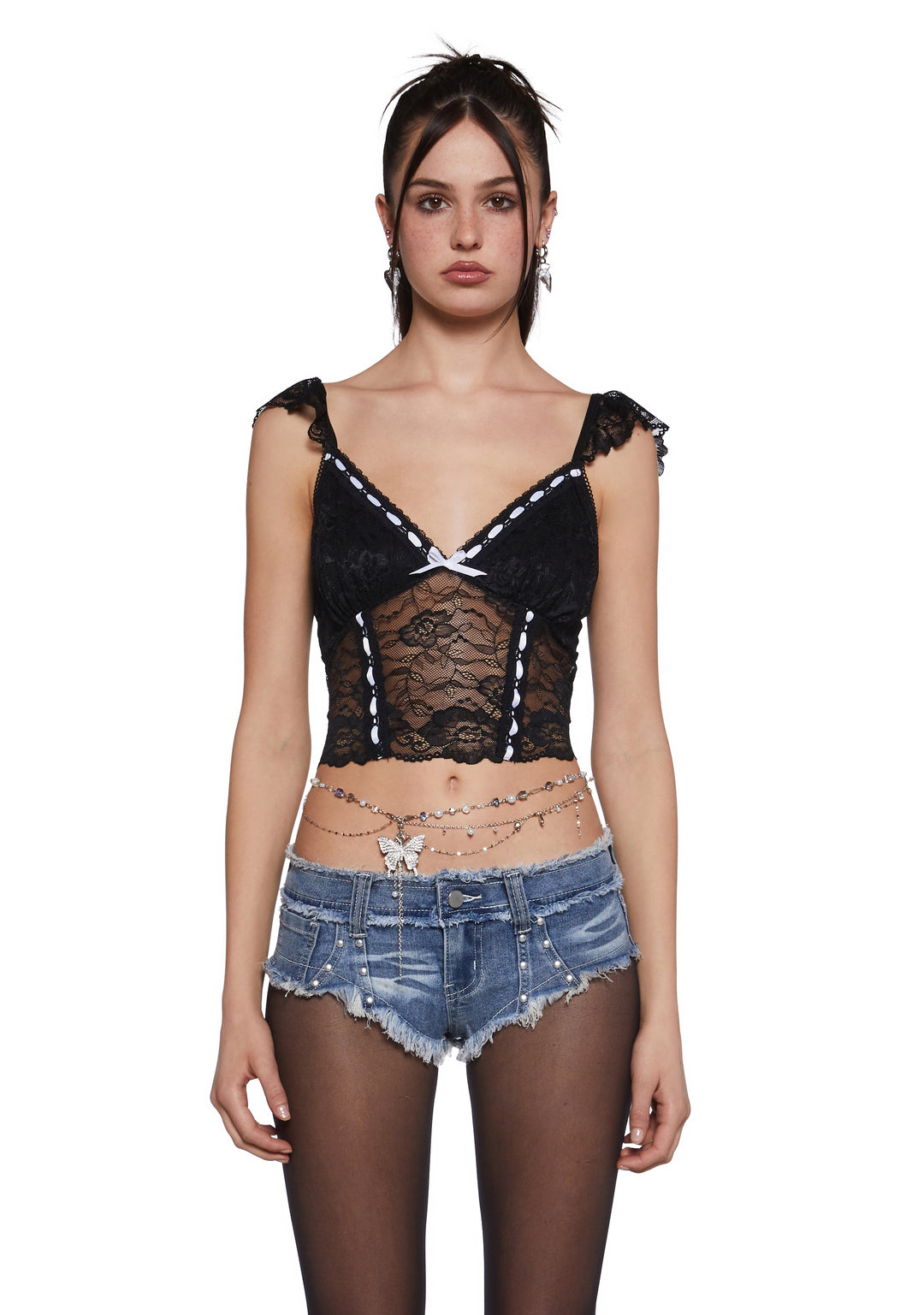 Womens Chain Waist Belt With Beaded Pearl And Rhinestone Butterfly Charm - Multi - Image 3