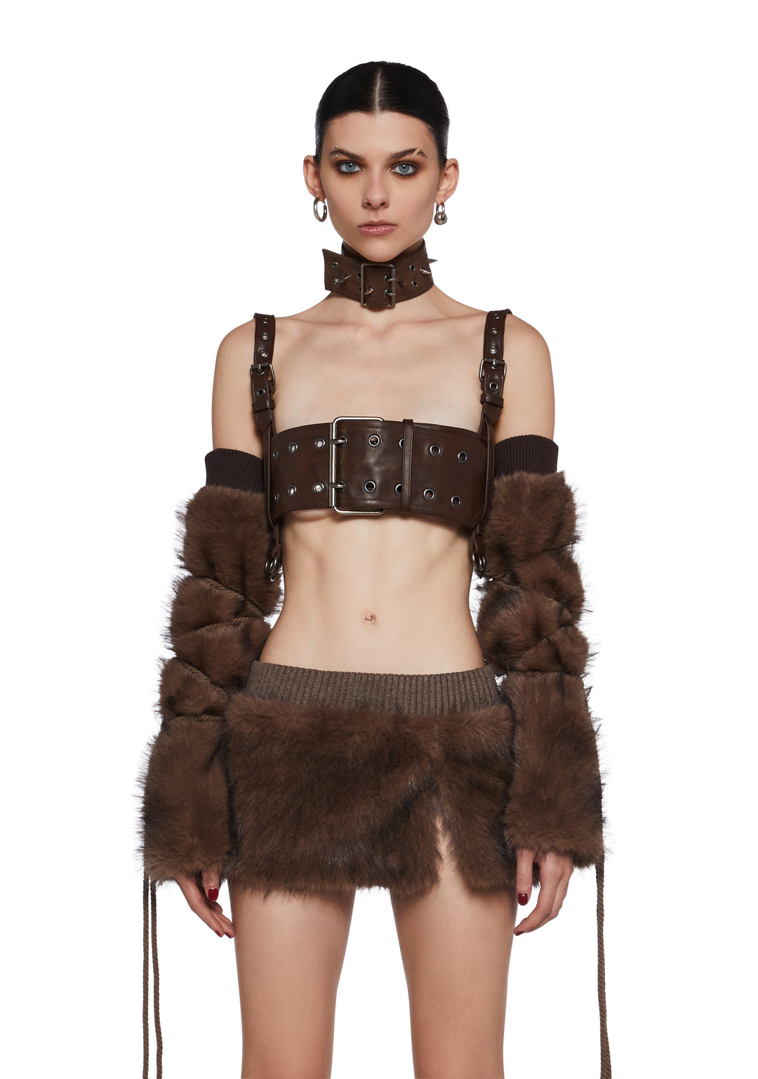 Darker Wavs Faux Fur Ribbed Knit Lace-Up Arm Warmers - Dark Brown - Image 2