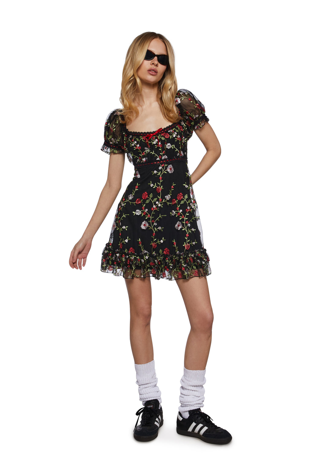 Womens Floral Babydoll Mini Dress With Embroidery Romantic Vday Sugar Thrillz - Black - Image 2