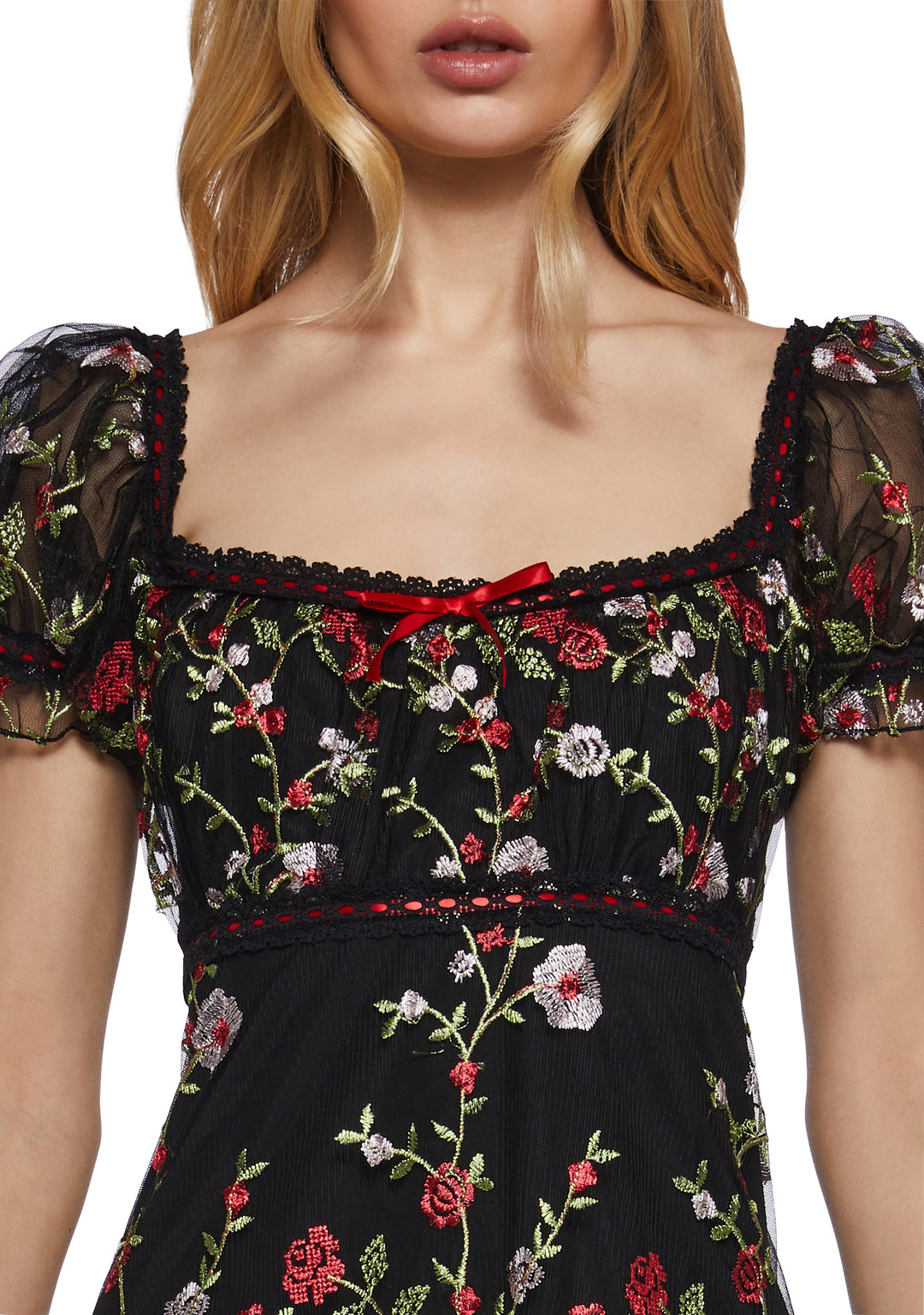 Womens Floral Babydoll Mini Dress With Embroidery Romantic Vday Sugar Thrillz - Black - Image 5