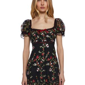 Womens Floral Babydoll Mini Dress With Embroidery Romantic Vday Sugar Thrillz - Black