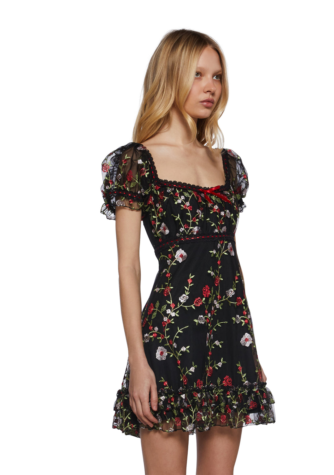 Womens Floral Babydoll Mini Dress With Embroidery Romantic Vday Sugar Thrillz - Black - Image 3