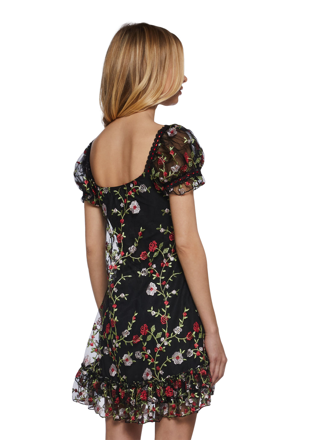 Womens Floral Babydoll Mini Dress With Embroidery Romantic Vday Sugar Thrillz - Black - Image 4