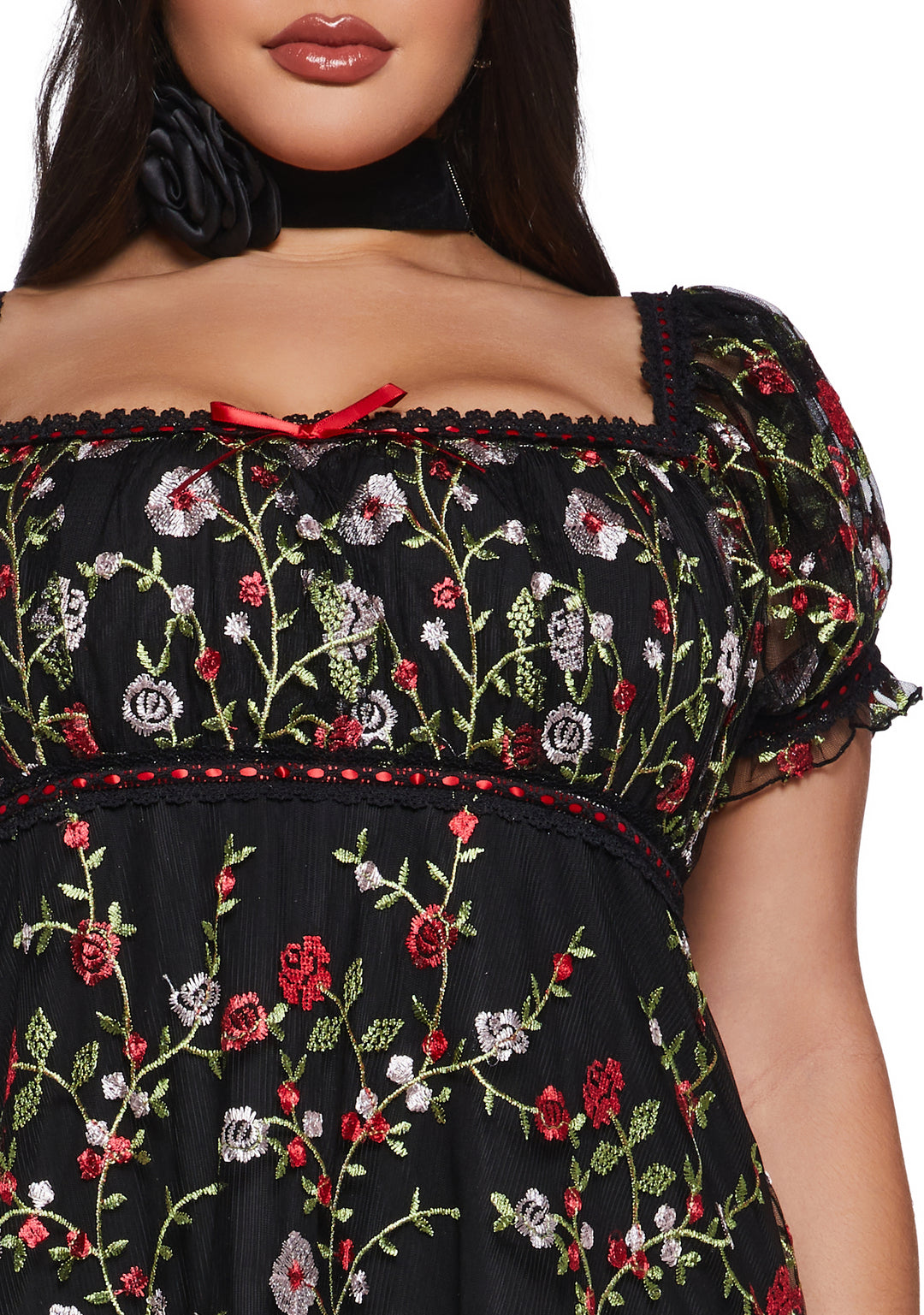 Womens Floral Babydoll Mini Dress With Embroidery Romantic Vday Sugar Thrillz - Black - Image 11