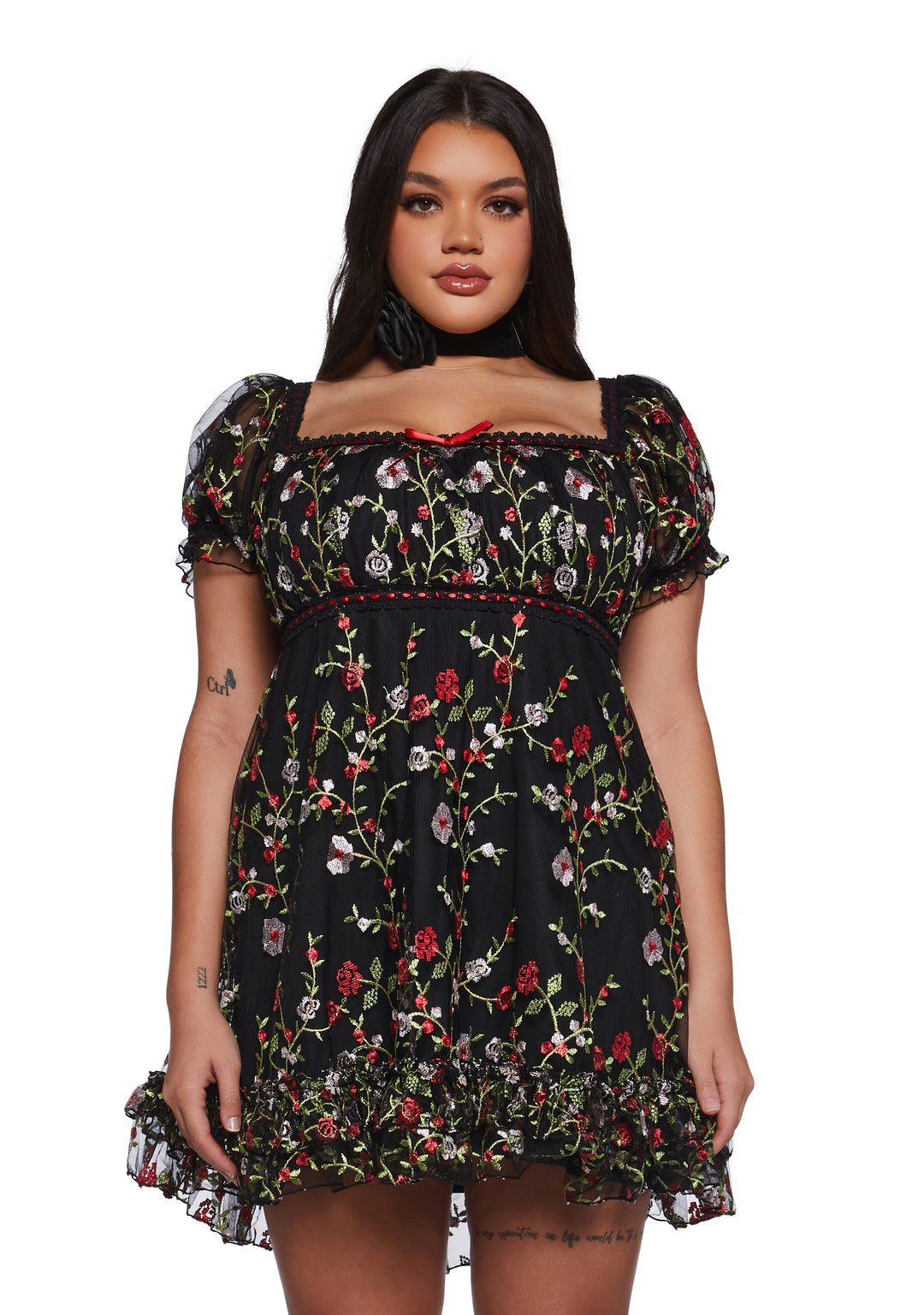 Womens Floral Babydoll Mini Dress With Embroidery Romantic Vday Sugar Thrillz - Black - Image 6