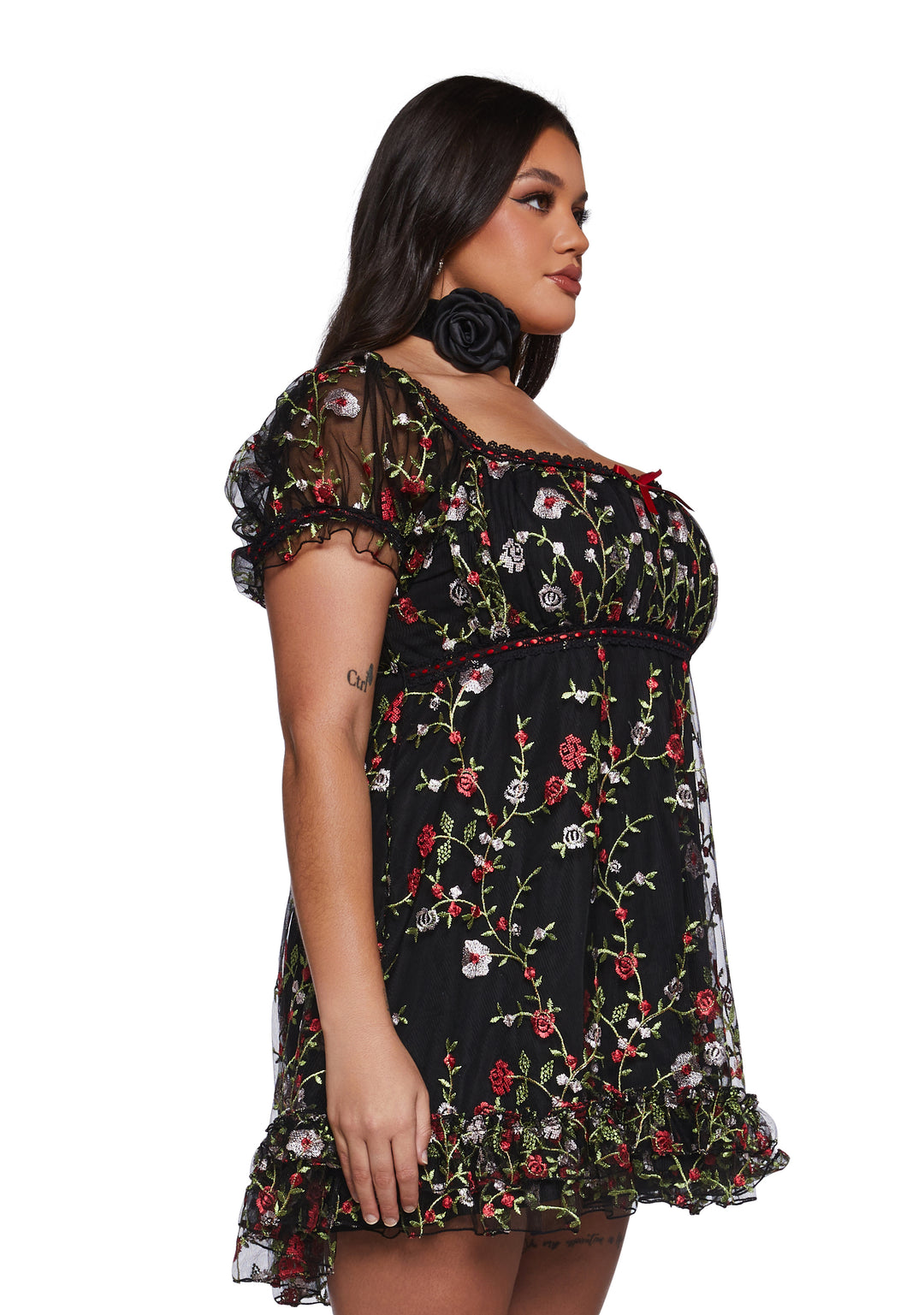 Womens Floral Babydoll Mini Dress With Embroidery Romantic Vday Sugar Thrillz - Black - Image 7