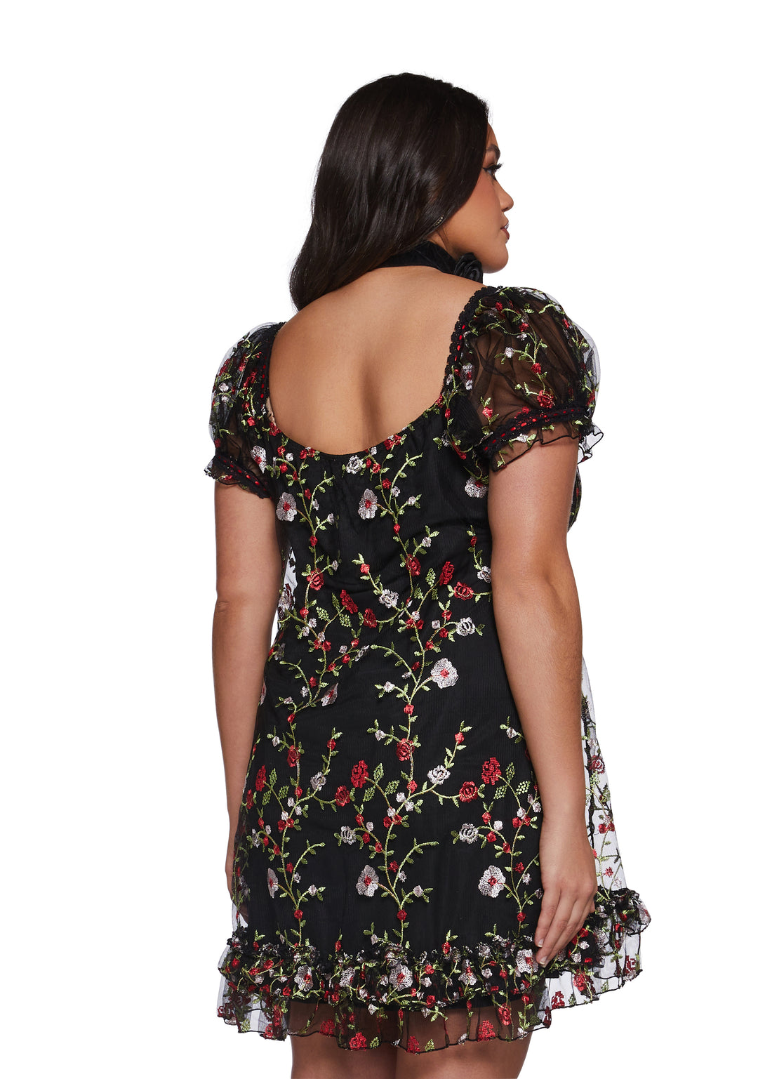 Womens Floral Babydoll Mini Dress With Embroidery Romantic Vday Sugar Thrillz - Black - Image 8