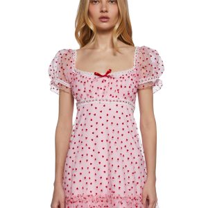Womens Heart Print Babydoll Mini Dress Vday Sugar Thrillz - Pink