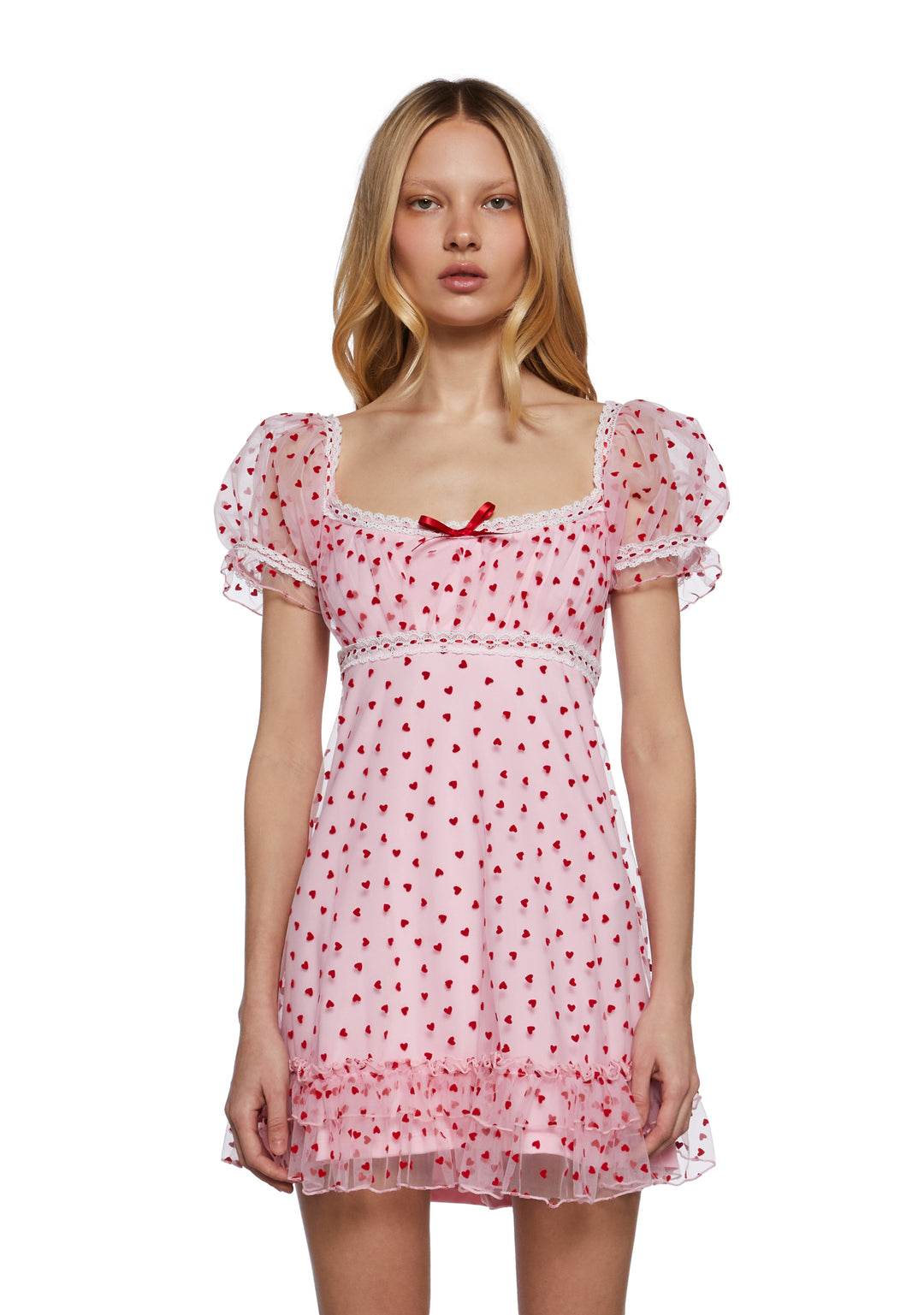 Womens Heart Print Babydoll Mini Dress Vday Sugar Thrillz - Pink