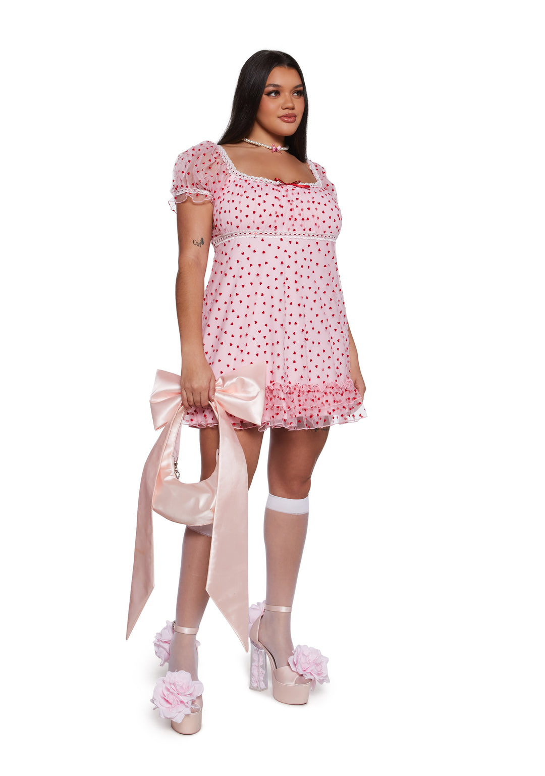 Womens Heart Print Babydoll Mini Dress Vday Sugar Thrillz - Pink - Image 11