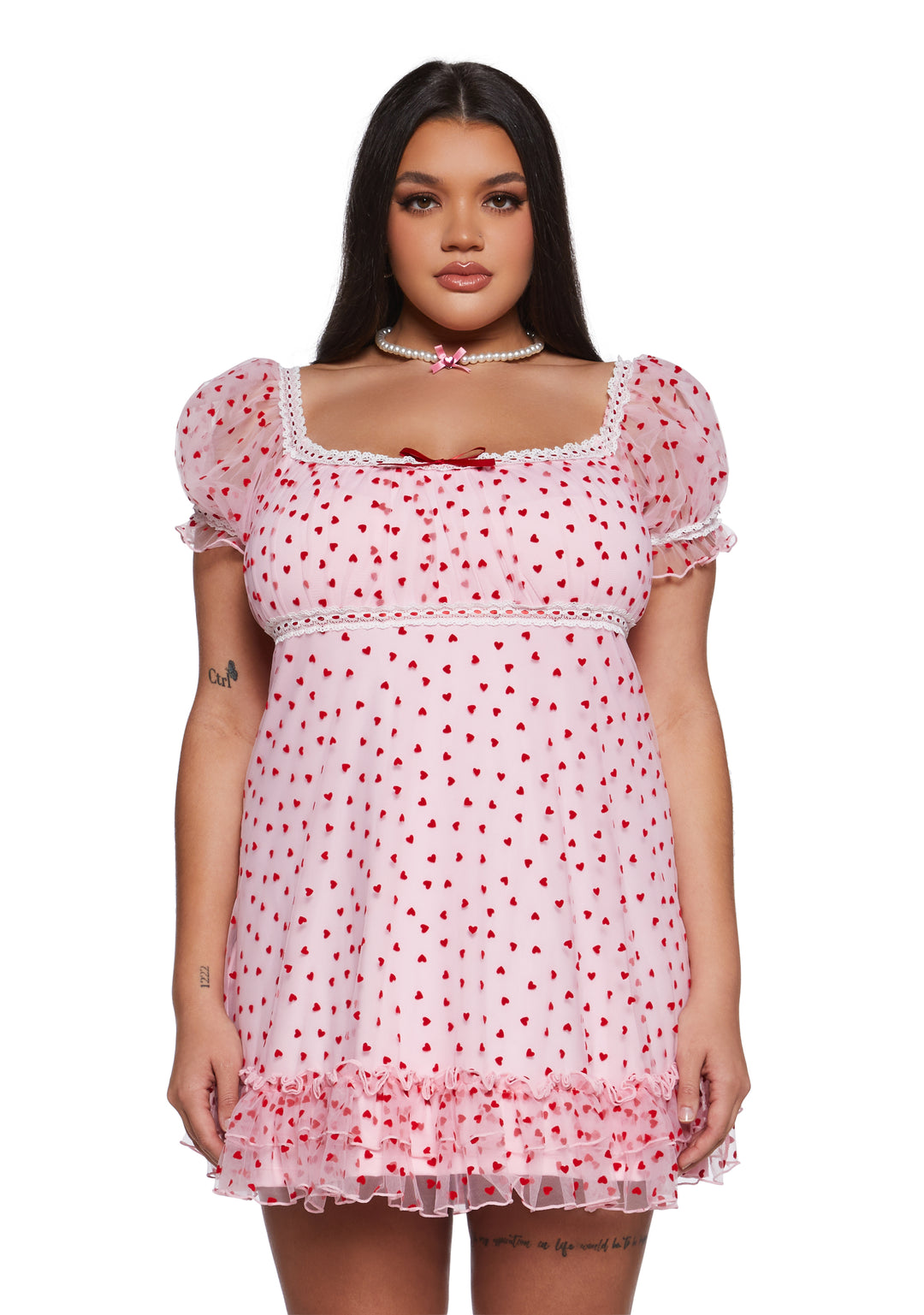 Womens Heart Print Babydoll Mini Dress Vday Sugar Thrillz - Pink - Image 3