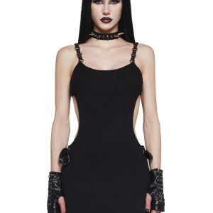 Ribbed Cut Out Mini Bodycon Dress With Ribbon Ties Widow - Black