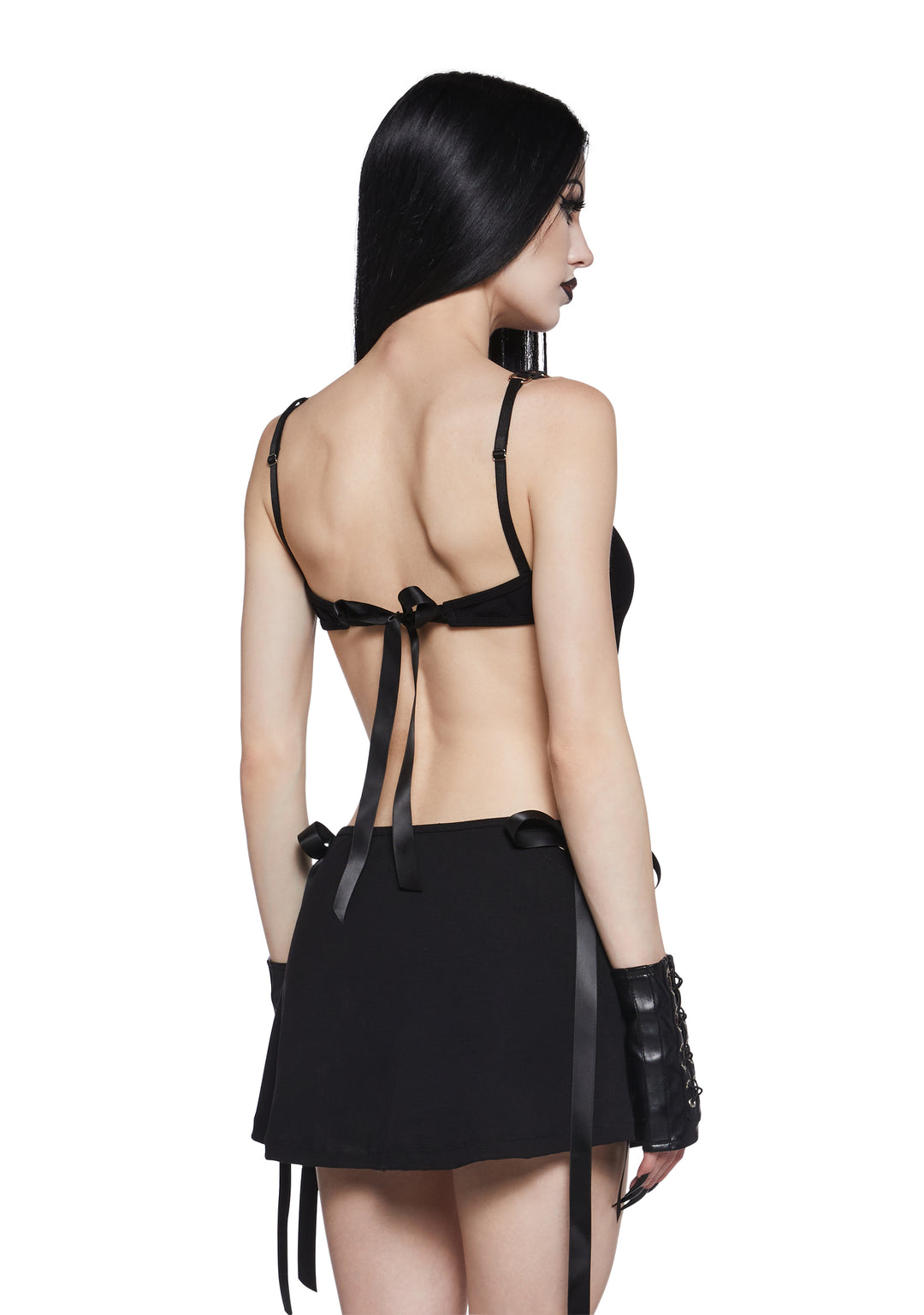 Ribbed Cut Out Mini Bodycon Dress With Ribbon Ties Widow - Black - Image 4