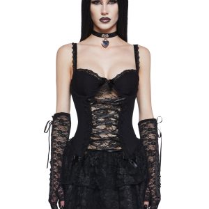 Womens Lace Panel Mini Dress With Ribbon Lace Up Widow - Black