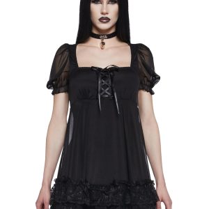 Chiffon Ruffled Lace Short Puff Sleeve Babydoll Dress Widow - Black