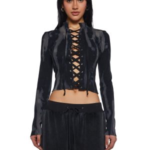 Womens Bleached Knit Ribbed Long Sleeve Crop Top Current Mood - Black