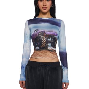 Womens Monster Truck Long Sleeve Crop Top - Multi
