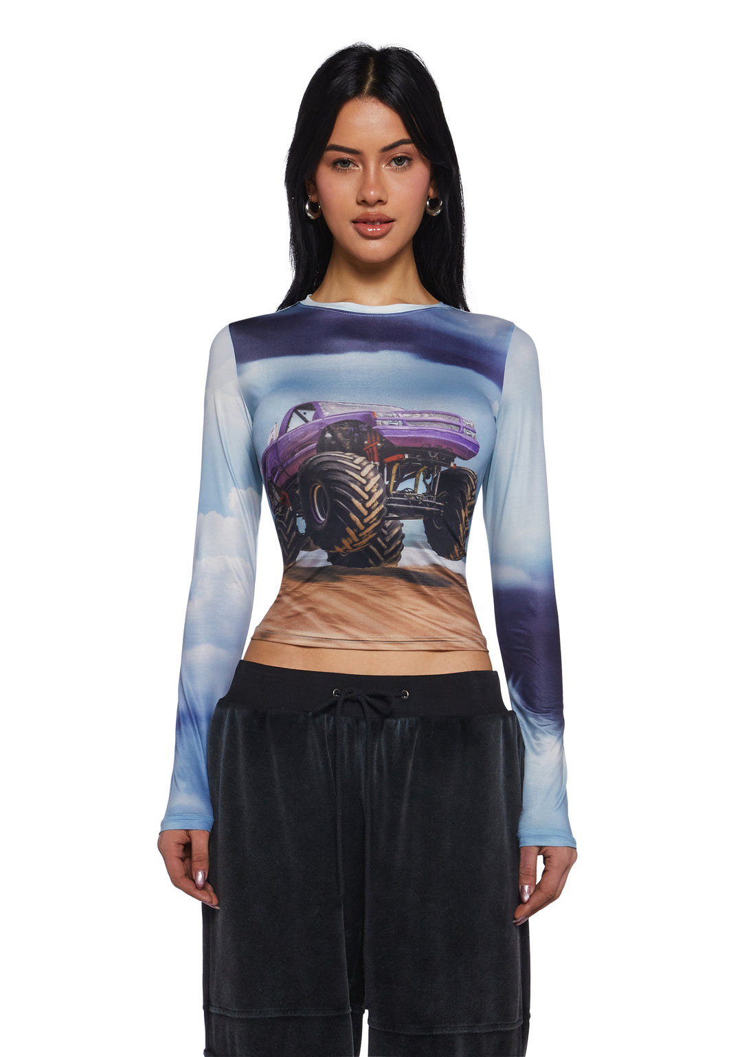 Womens Monster Truck Long Sleeve Crop Top - Multi