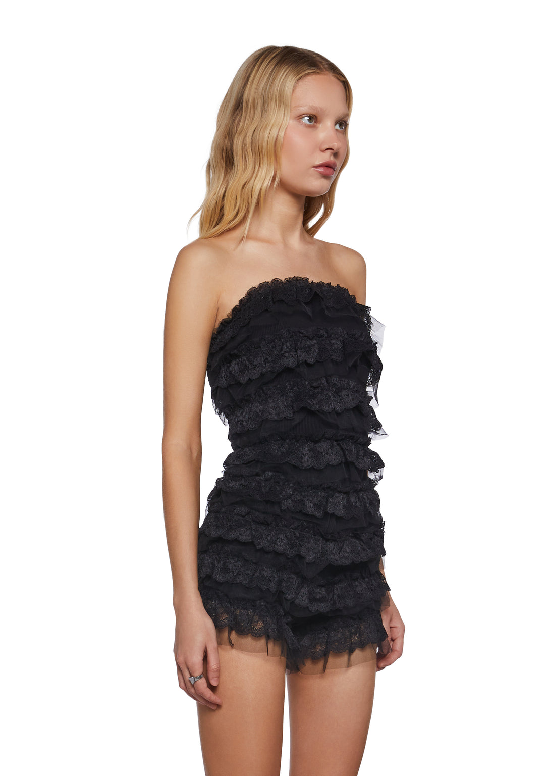 Stretchy Lace Tulle Tiered Strapless Romper Sugar Thrillz - Black - Image 3