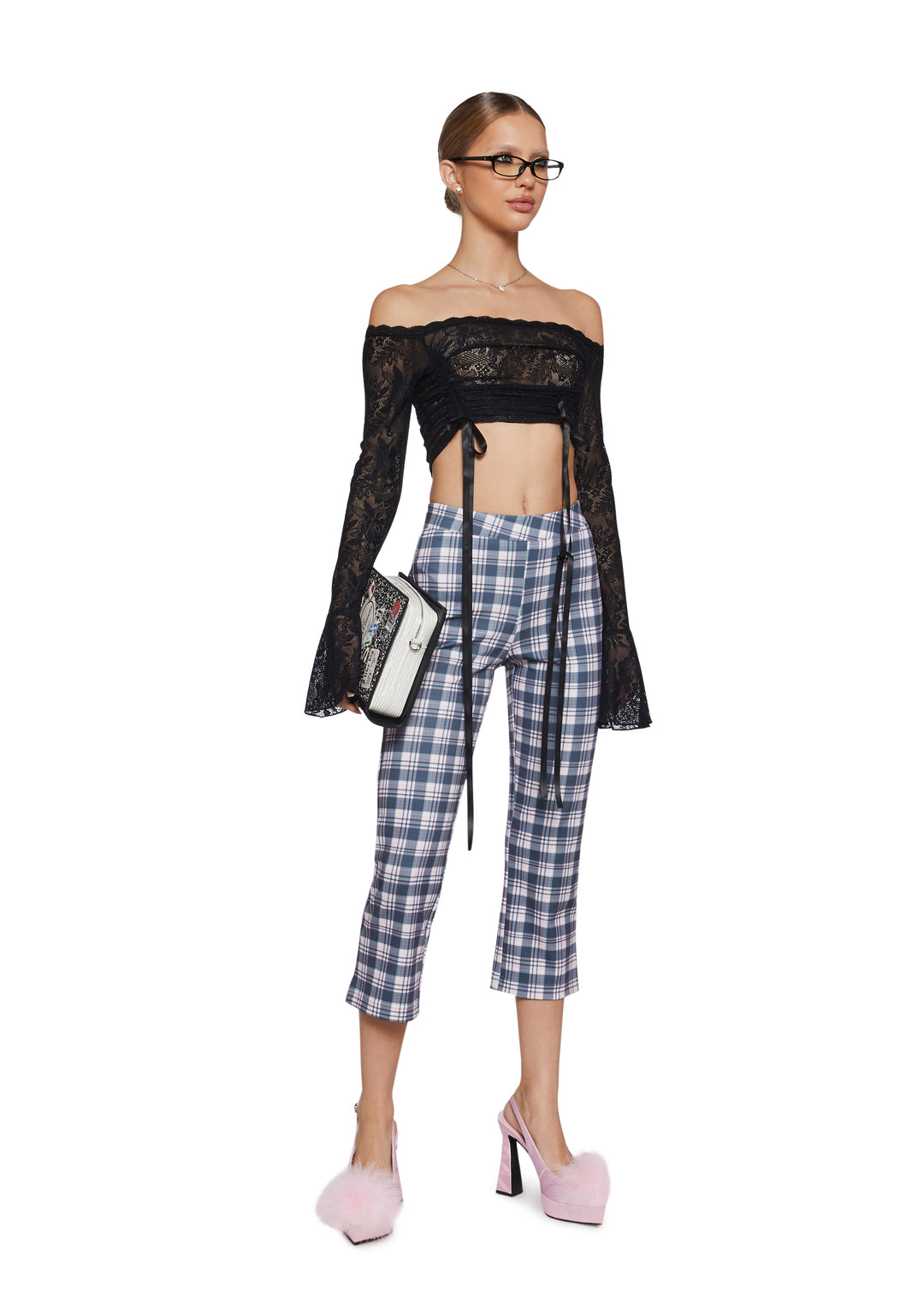 Sheer Floral Lace Off-The-Shoulder Long Bell Sleeve Crop Top Sugar Thrillz - Black - Image 2